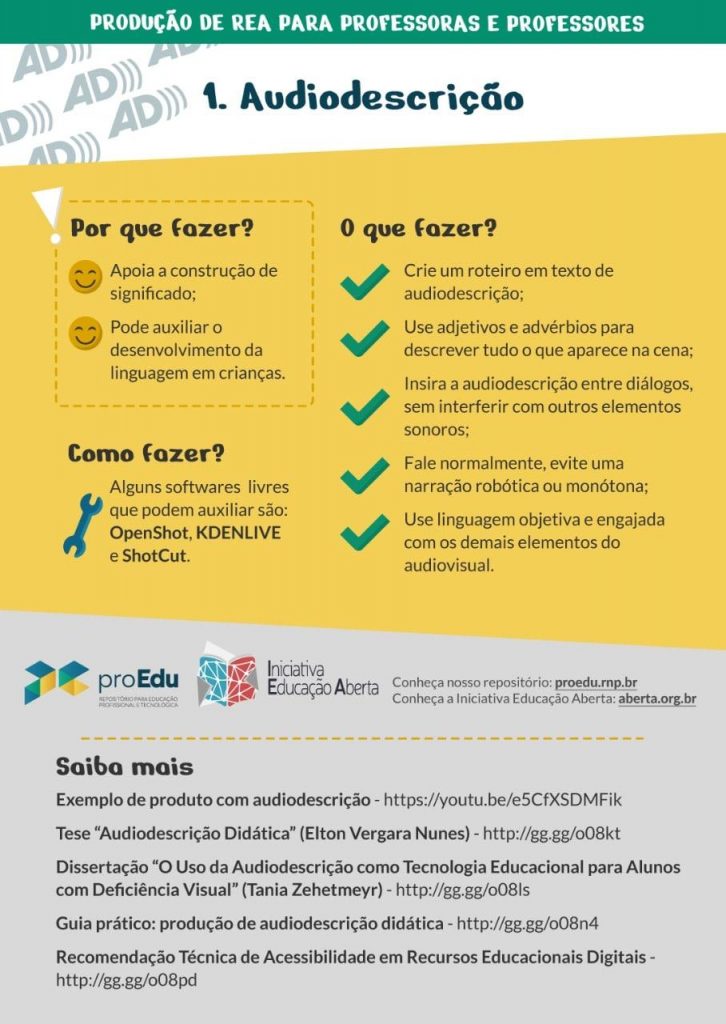 Infográfico que explica a Audiodescrição. Os textos contidos na imagem estão replicados abaixo da imagem para acessibilidade. No topo uma faixa verde com texto branco maiúsculo diz 